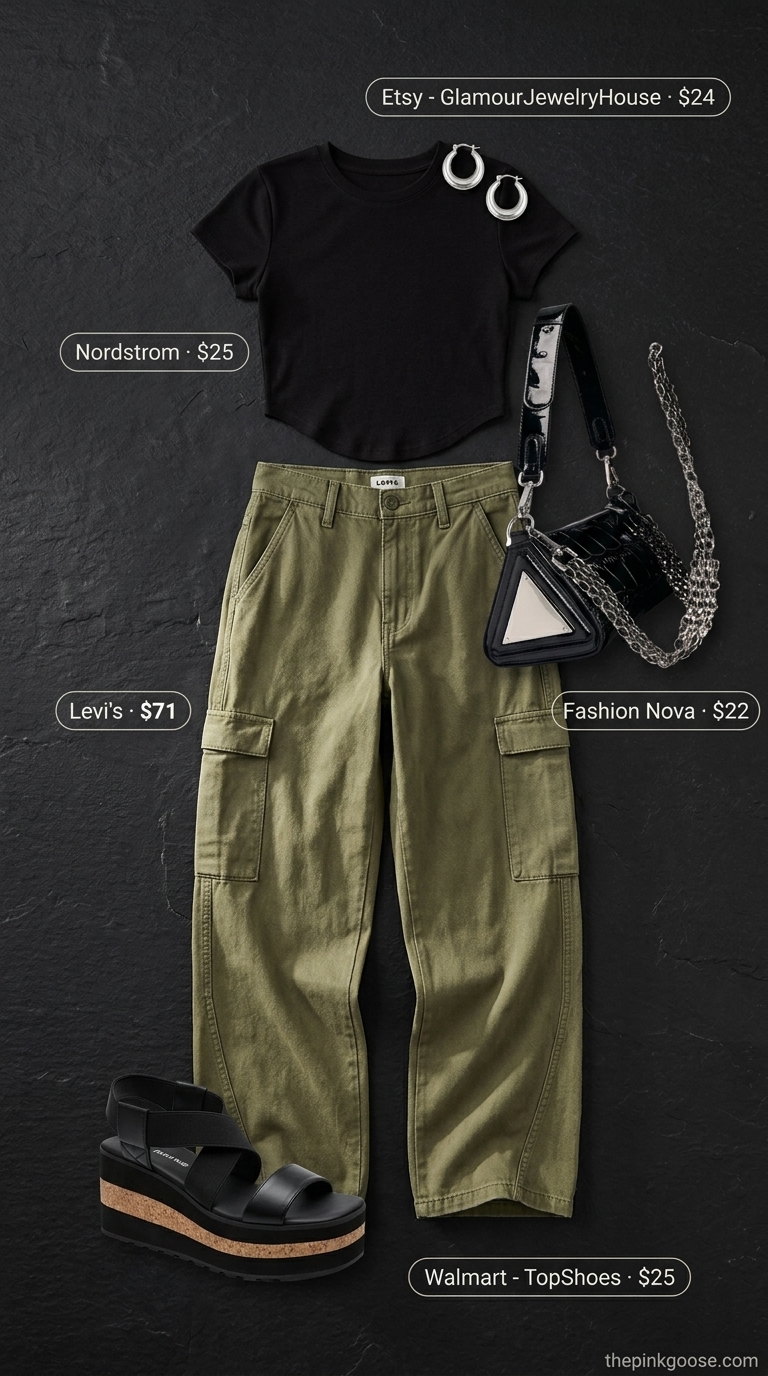 Trendy outfit inspo summer for women 2026: Edgy urban safari look with olive cargo pants, black crop top, and chunky platform sandals.