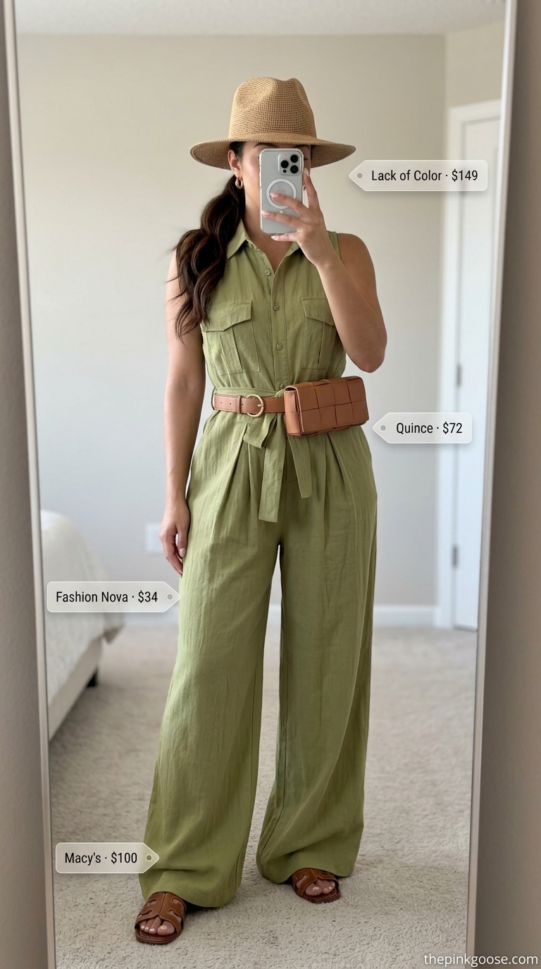 Trendy outfit inspo summer for women 2026: Khaki utility jumpsuit with leather belt bag and straw fedora for casual day out.