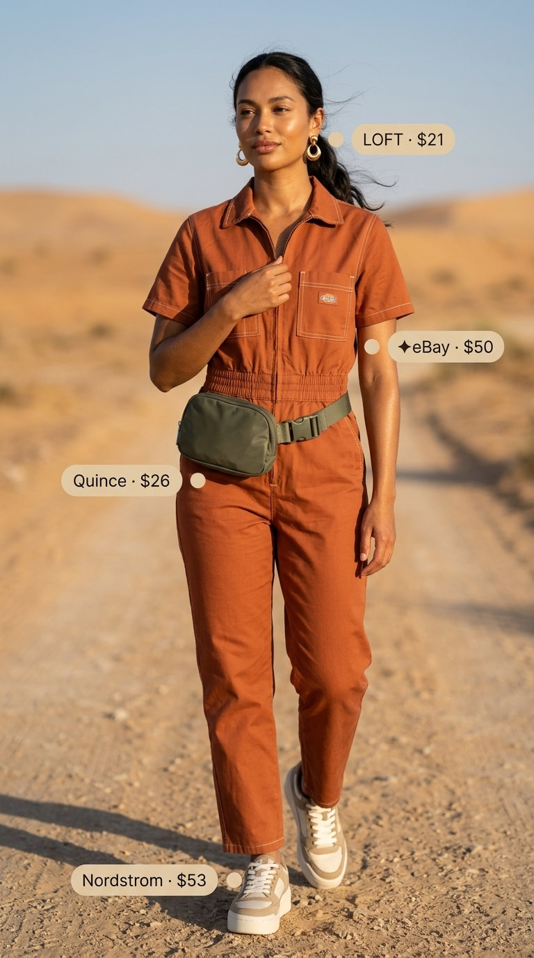 Terracotta utility jumpsuit, canvas belt bag, chunky sneakers. Trendy outfit inspo summer for women 2026.