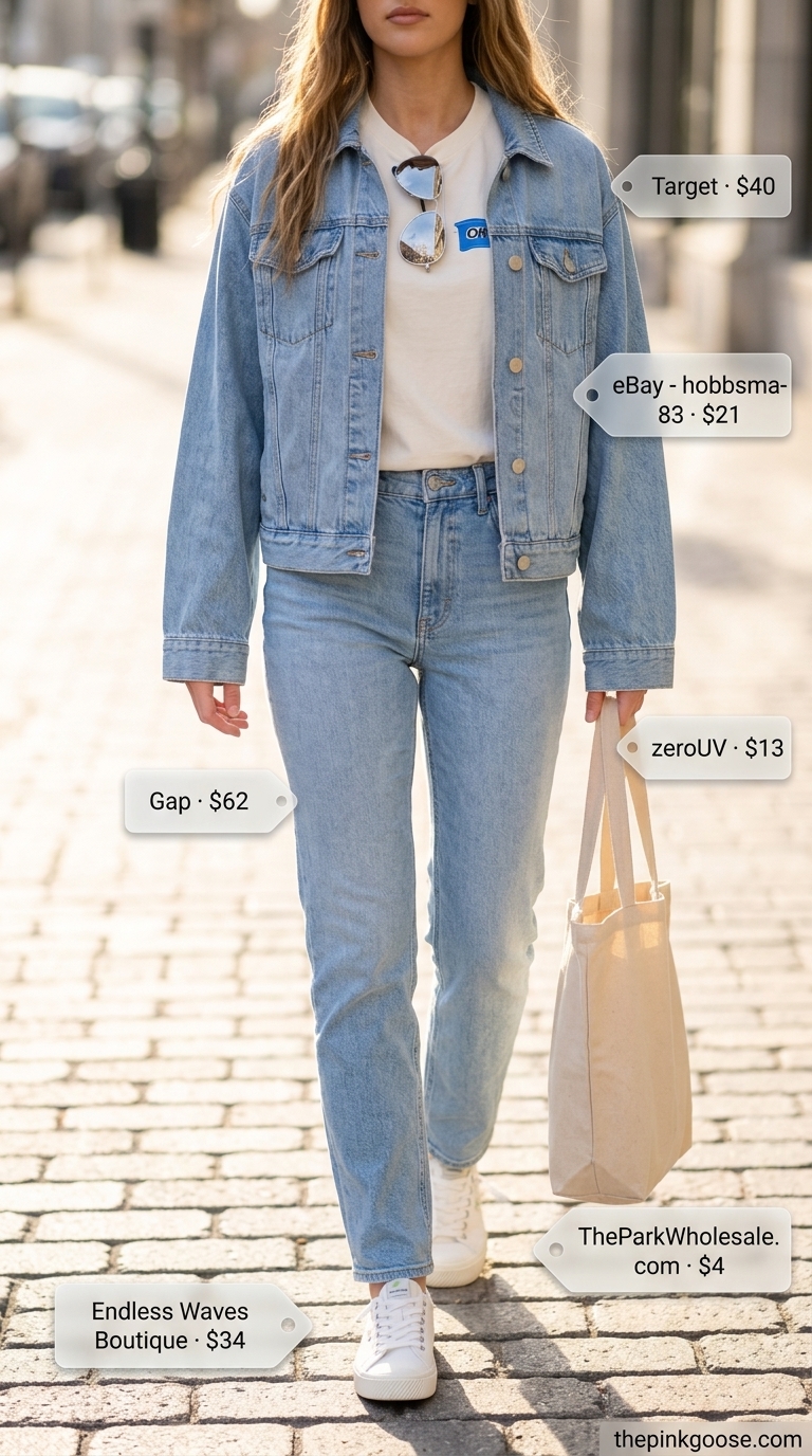Trendy outfit inspo summer for women 2026: Effortless weekend casual look with white jeans, oversized denim jacket, graphic tee, and canvas sneakers.