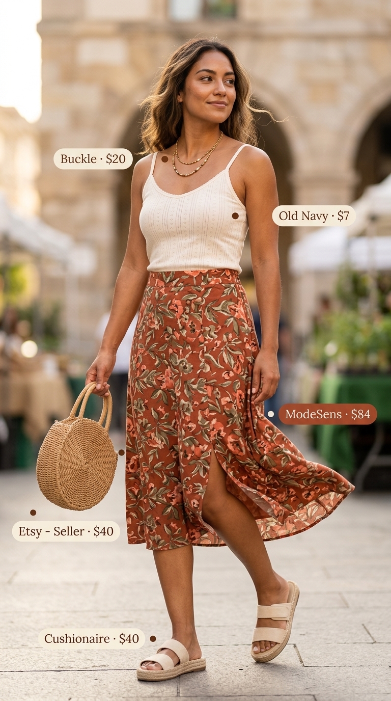 Boho Market Day outfit: Terracotta print skirt, cream tank, layered necklaces, straw bag. Trendy summer outfits for women 2026.