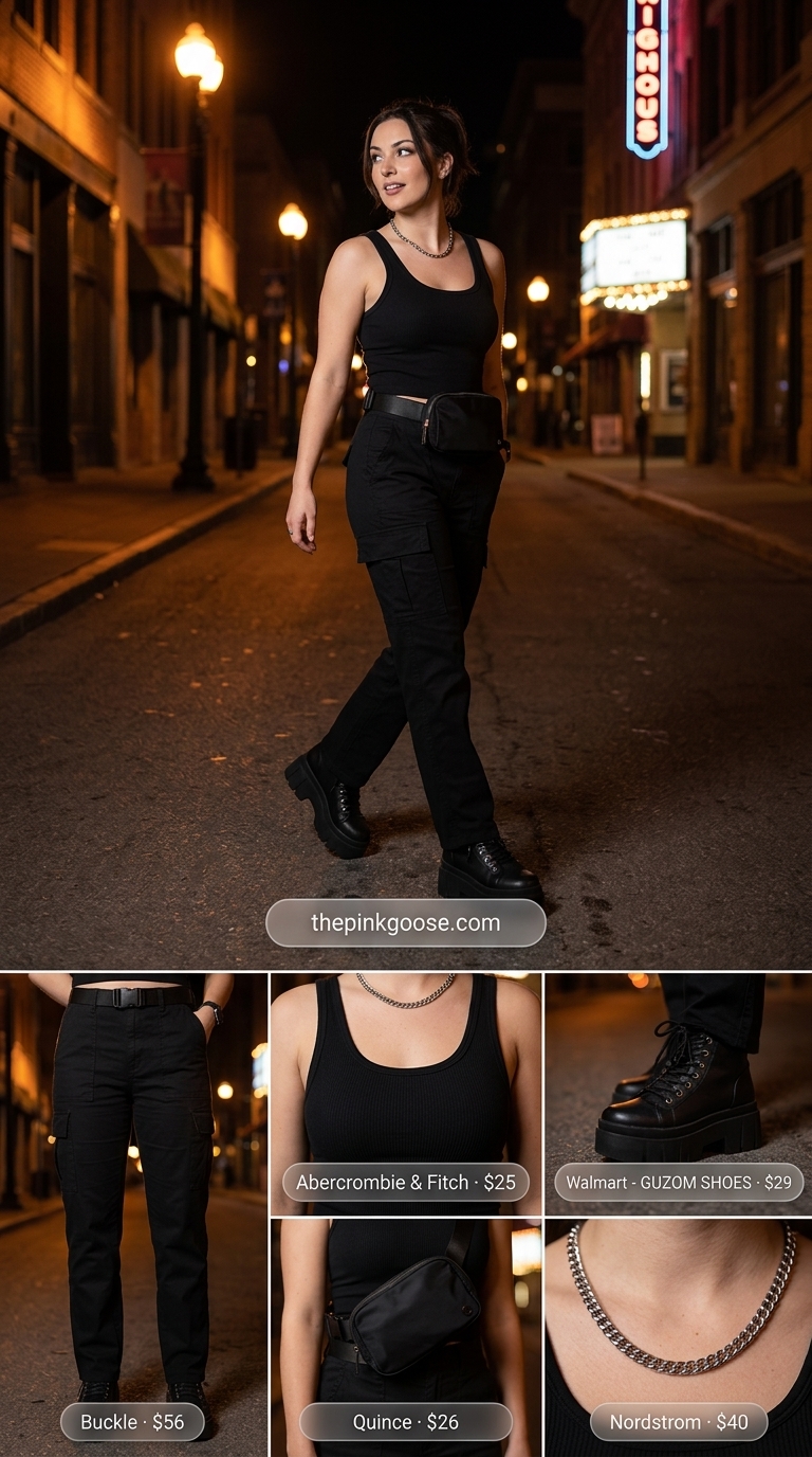 Downtown Edge outfit: Black cargo pants, white crop top, platform sneakers. Trendy summer outfits for women 2026.