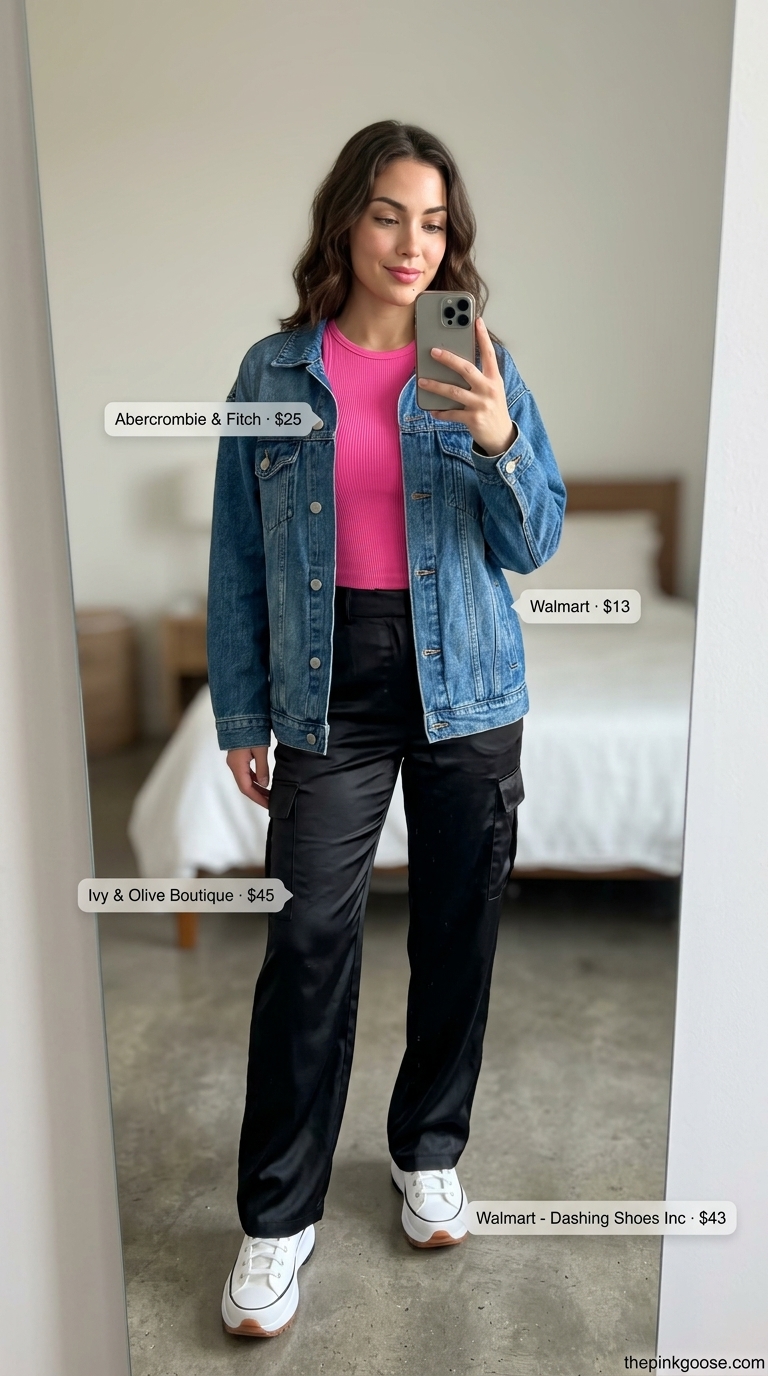 Elevated Street Style outfit: Black satin pants, white tank, pink sneakers. Trendy summer outfits for women 2026.