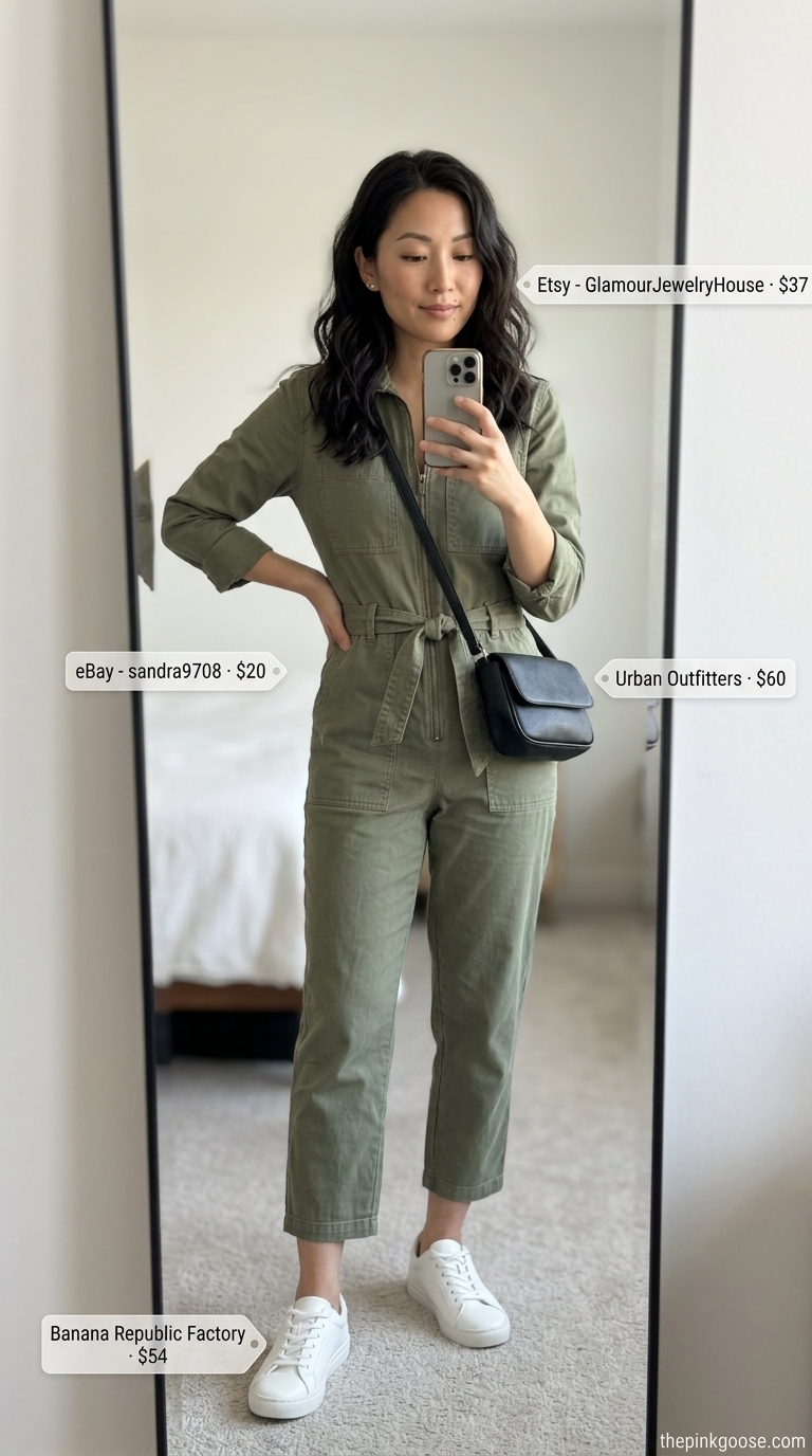 Modern Utility Chic jumpsuit: Khaki green jumpsuit, white sneakers, black sunglasses. Trendy summer outfits for women 2026.