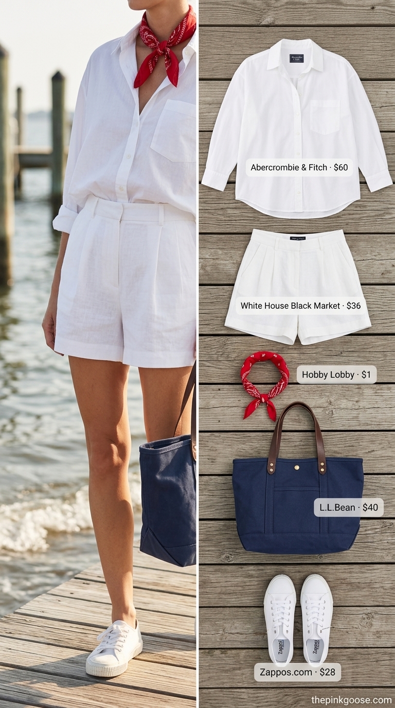 Preppy Summer Prep outfit: Navy shorts, white shirt, red bandana. Trendy summer outfits for women 2026.