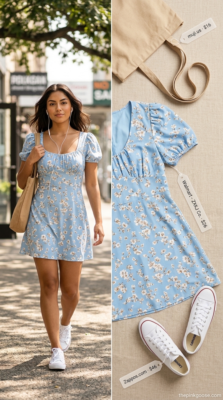 Sunny Daydream mini dress outfit: Sky blue floral dress, white sneakers, canvas tote. Trendy summer outfits for women 2026.