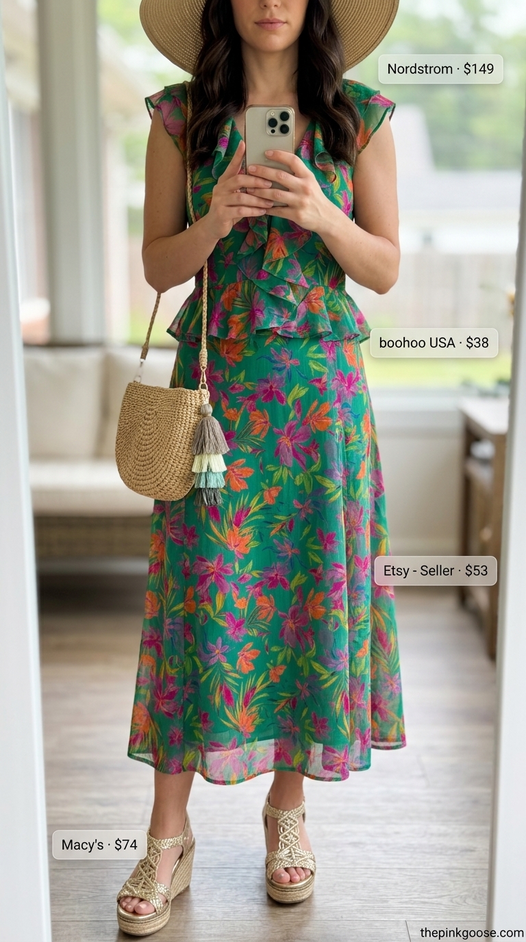 Trendy summer outfits for women over 30 2026: Emerald green floral midi dress for garden parties and festivals.