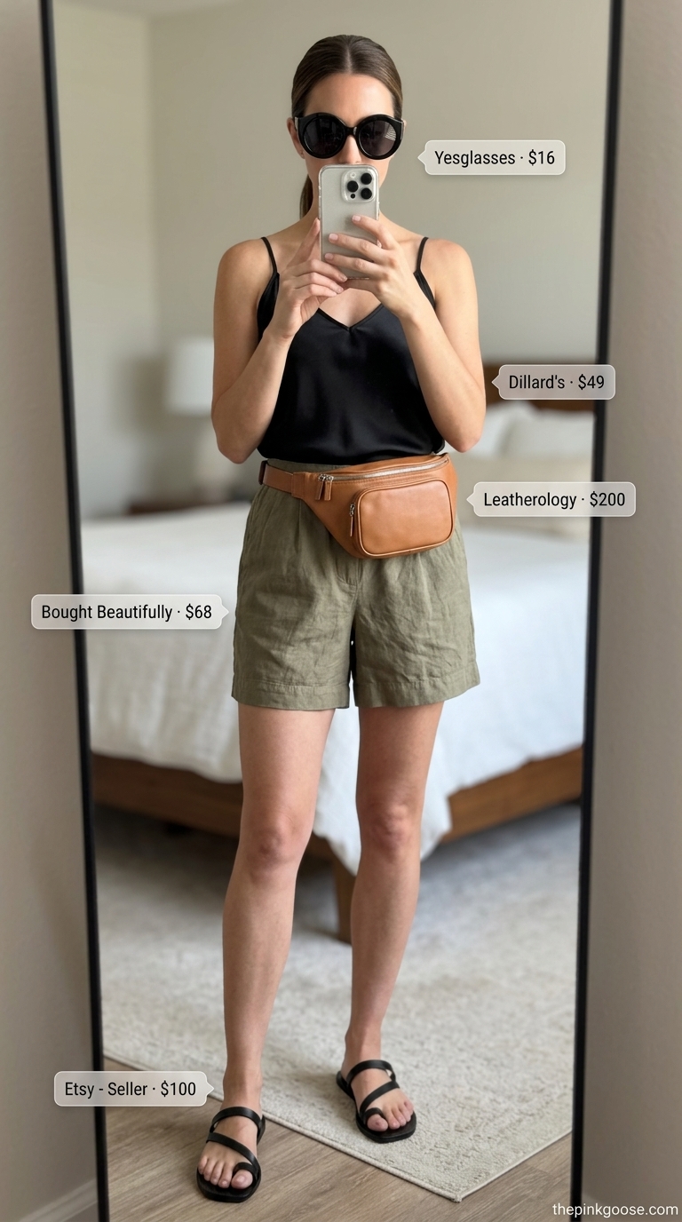 Trendy summer outfits for women over 30 2026: Khaki linen shorts with black camisole for city sightseeing.