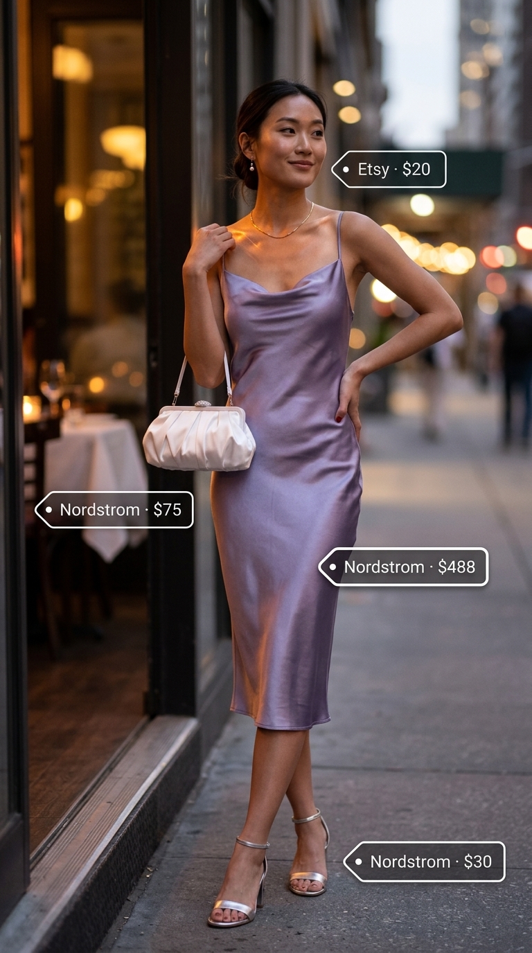 Trendy summer outfits for women over 30 2026: Lavender slip dress for date nights and evening events.