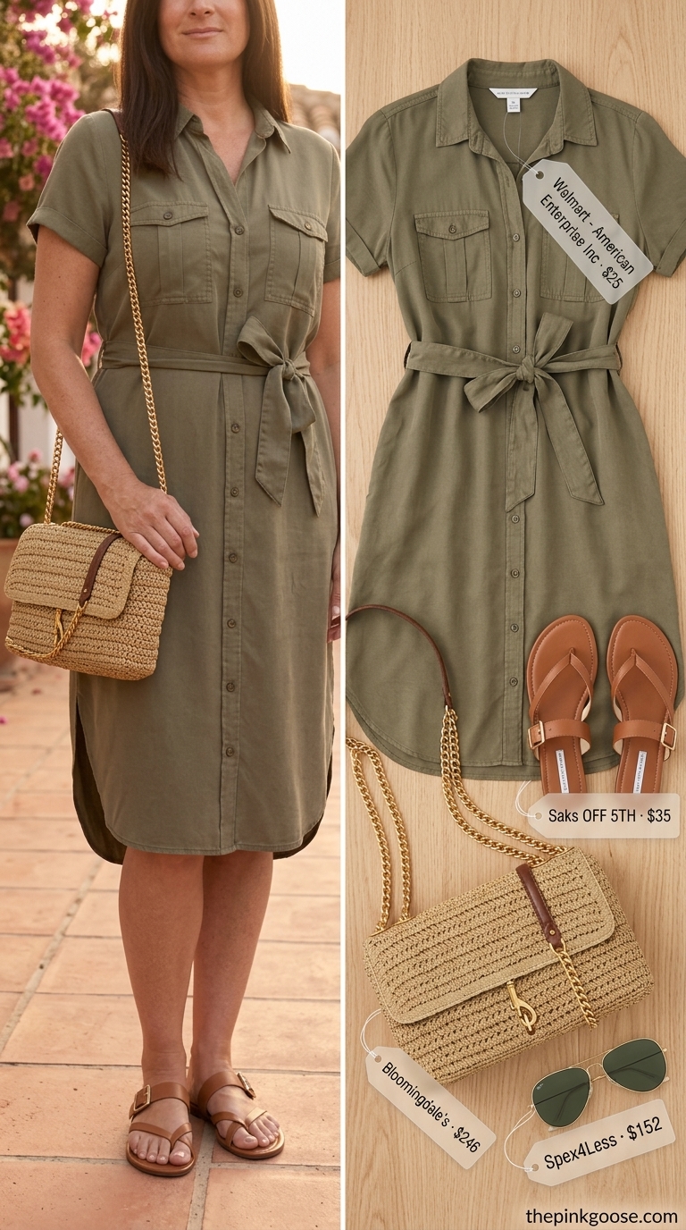 Trendy summer outfits for women over 30 2026: Olive green shirt dress for casual day trips and travel.