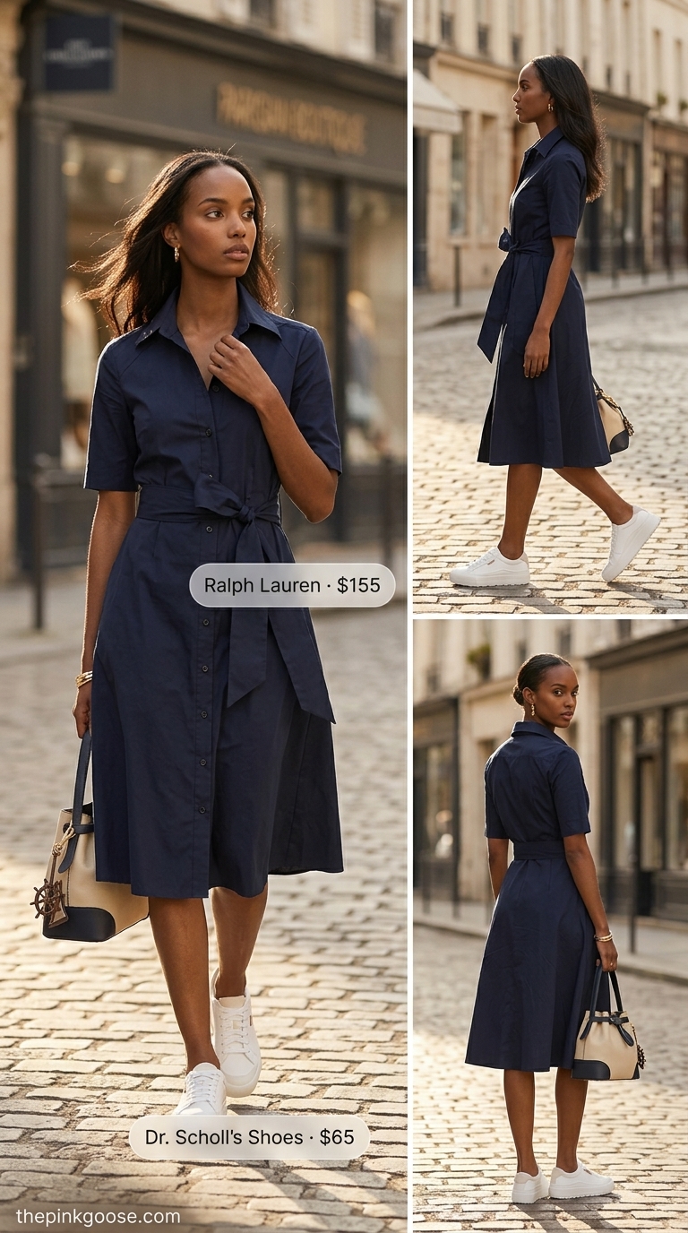 Trendy summer outfits for women over 30 2026: Navy shirtdress with white sneakers for city breaks.