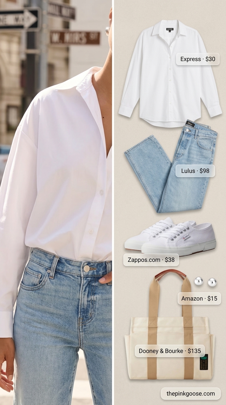 Trendy summer outfits for women over 30 2026: Casual weekend look with light wash jeans, white tank, and crisp button-down.