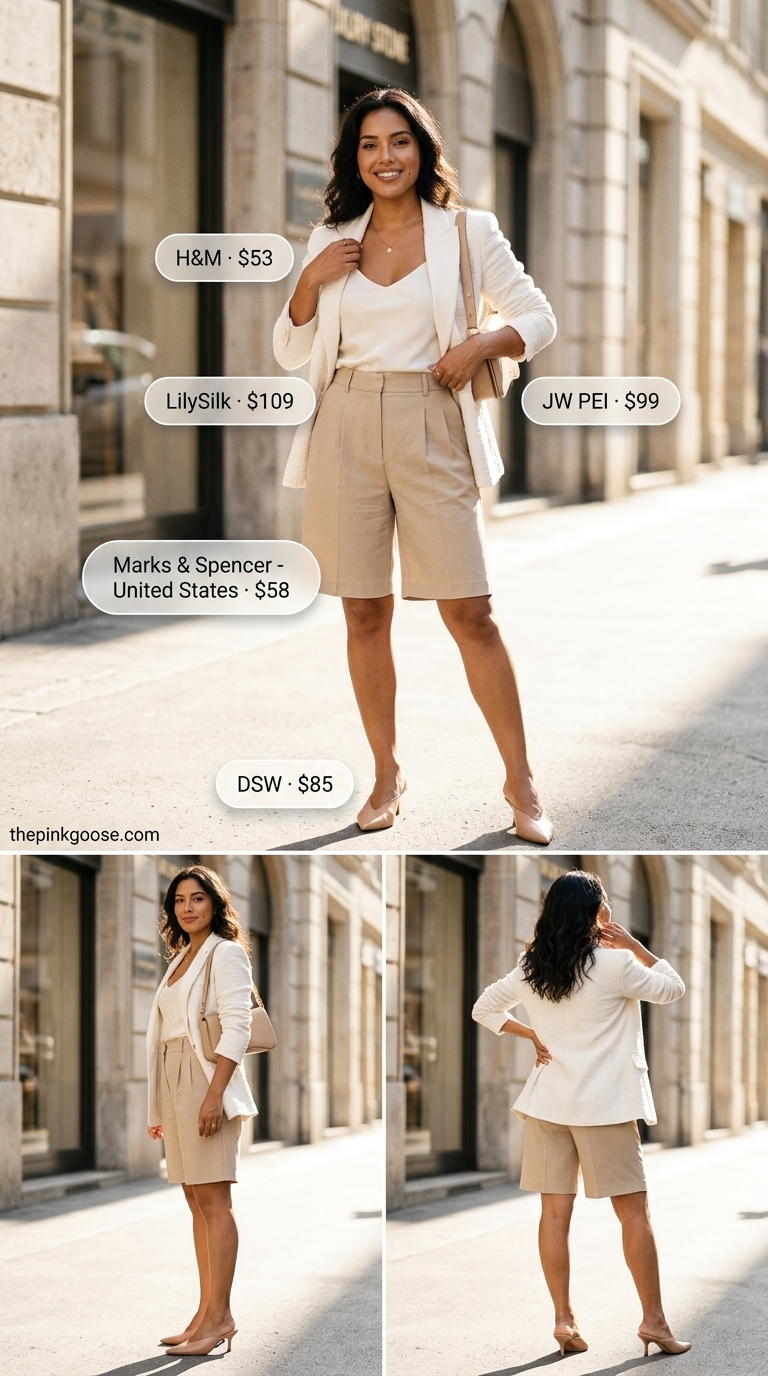 Trendy summer outfits for women 2026: Beige blazer, cream shorts, white camisole for business casual.