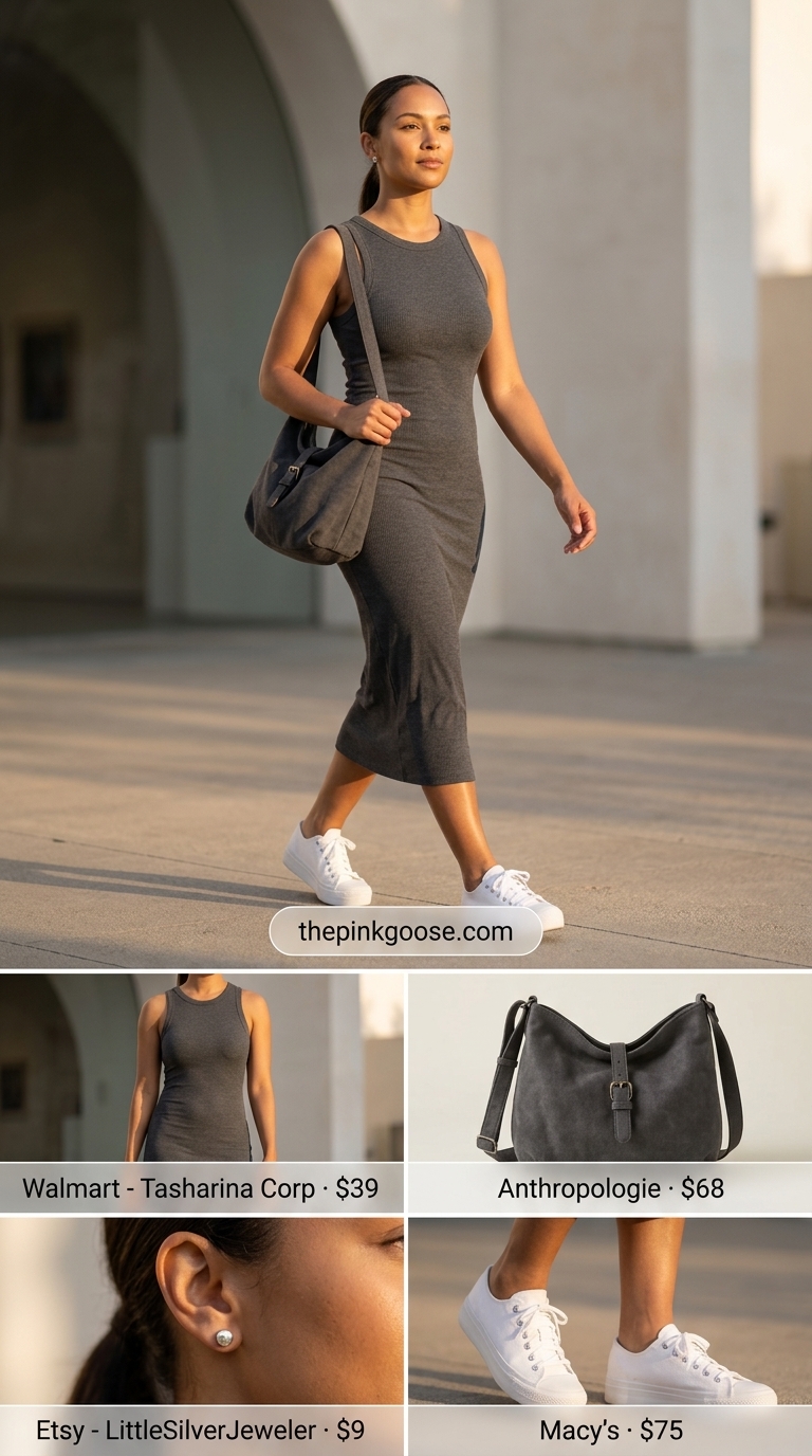 Charcoal grey ribbed knit midi dress with white sneakers and silver earrings for trendy summer outfits for women 2026.