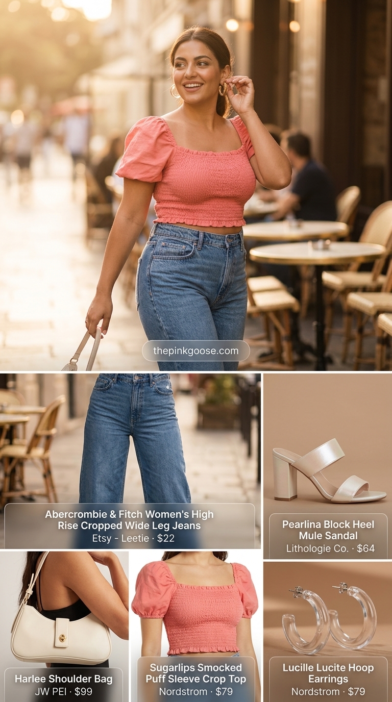 Coral pink puff-sleeve crop top with denim wide-leg jeans and cream mules for trendy summer outfits for women 2026.