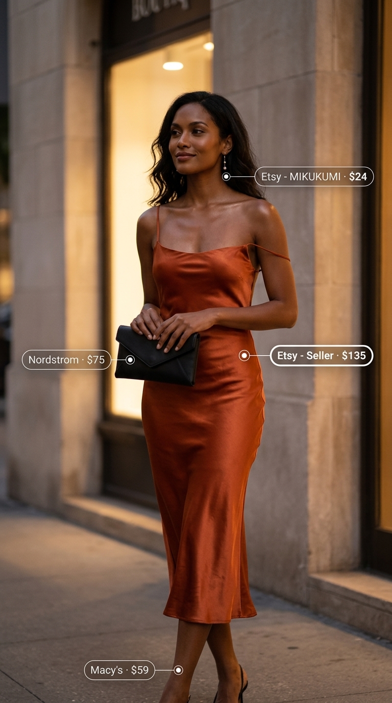 Trendy summer outfits for women 2026: Deep coral slip dress, black strappy heels for date night.