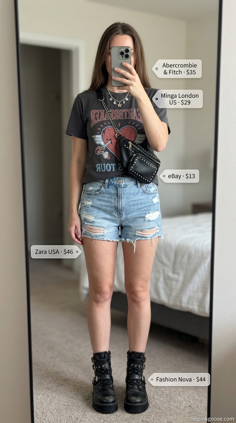 Trendy summer outfits for women 2026: Denim shorts, graphic tee, combat boots for festival.