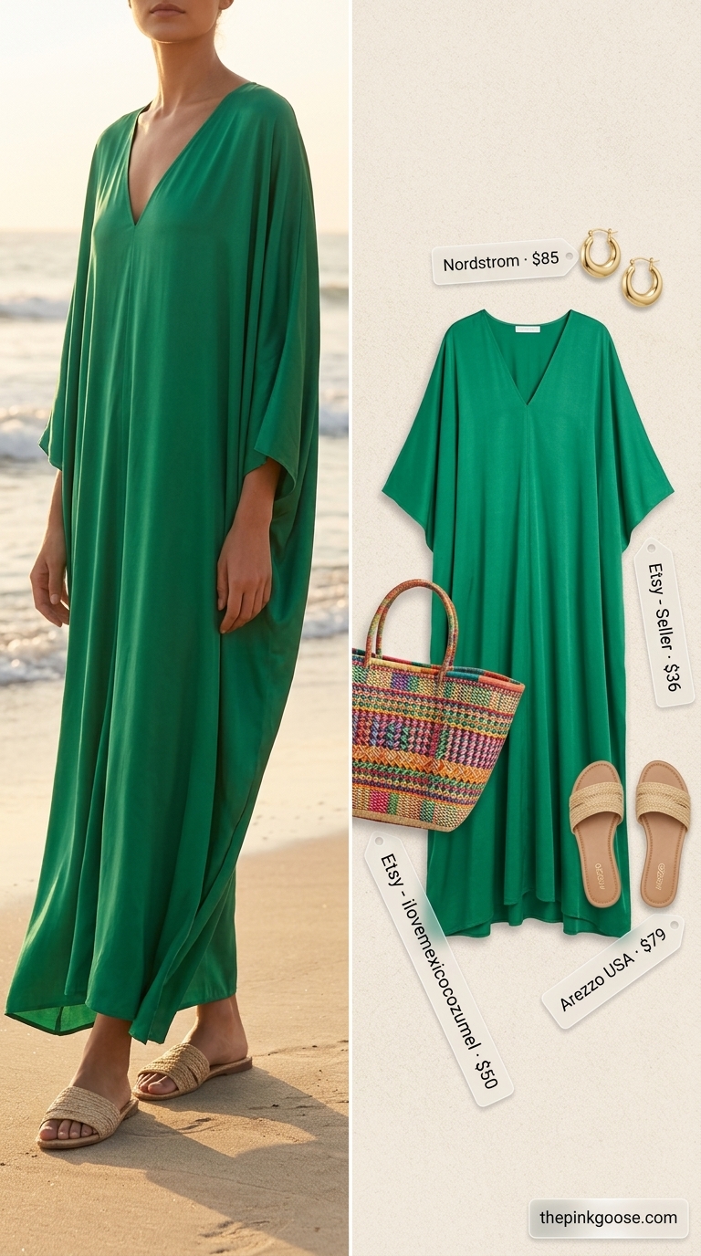 Trendy summer outfits for women 2026: Emerald green floral maxi caftan, gold sandals for tropical vacation.