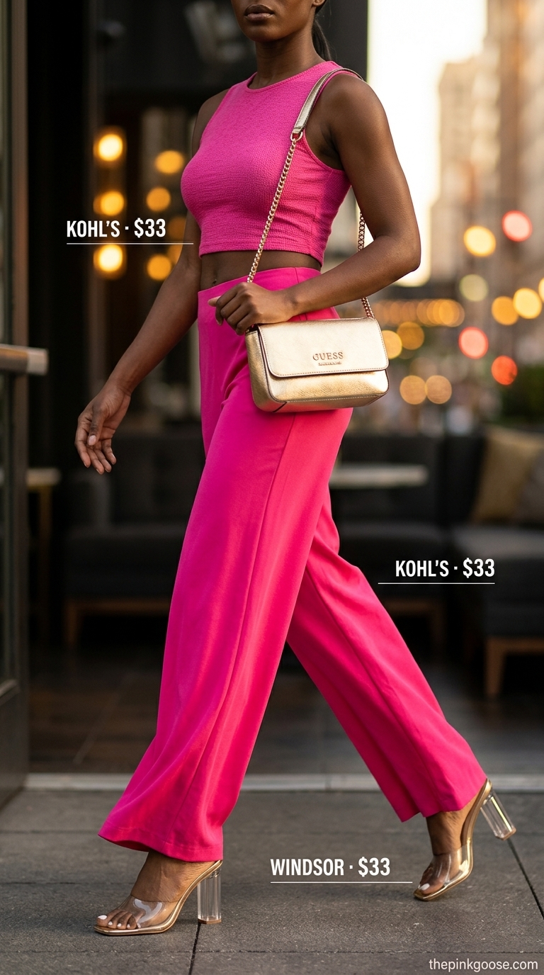 Hot pink matching set with clear block heels and gold shoulder bag for trendy summer outfits for women 2026.