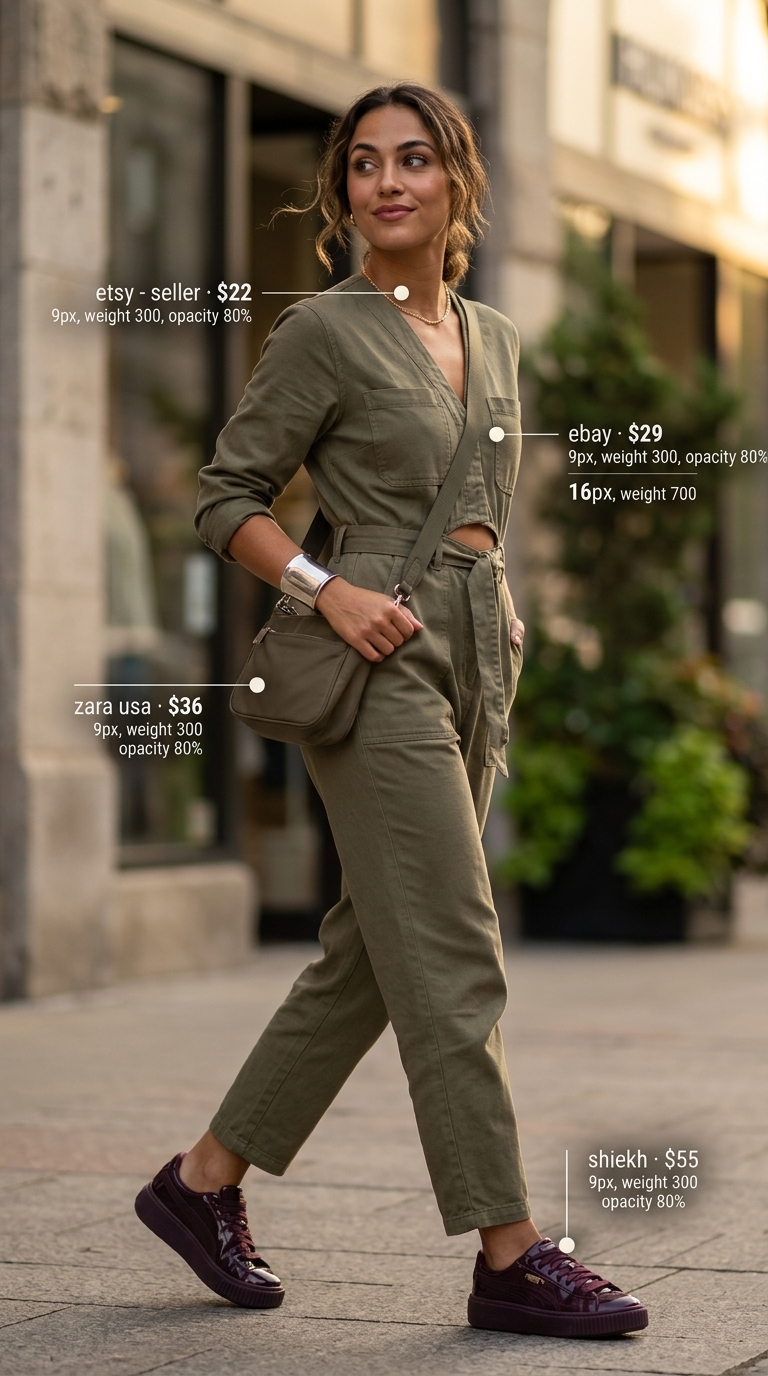 Trendy summer outfits for women 2026: Khaki utility jumpsuit, chunky sneakers, black crossbody for city exploration.