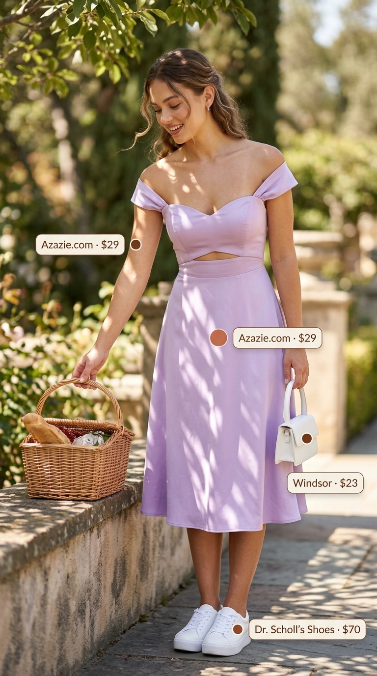 Pastel lavender sundress with white sneakers and silver hoops for trendy summer outfits for women 2026.