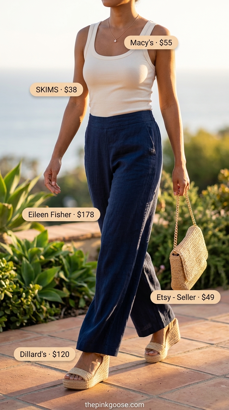 Navy blue linen trousers with cream knit tank and espadrille wedges for trendy summer outfits for women 2026.