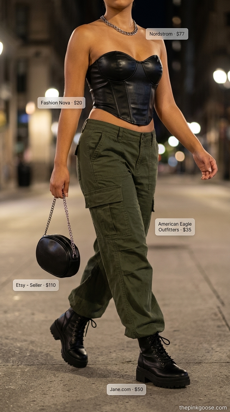 Olive green cargo pants with black corset top and platform boots for trendy summer outfits for women 2026.