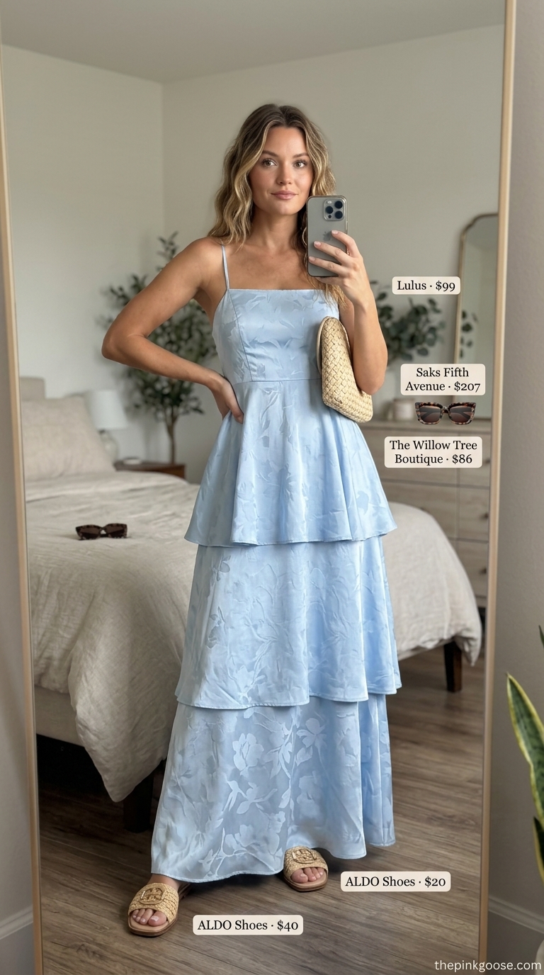 Trendy summer outfits for women over 30 2026: Sky blue maxi dress, straw clutch, shell necklace for beach vacation.