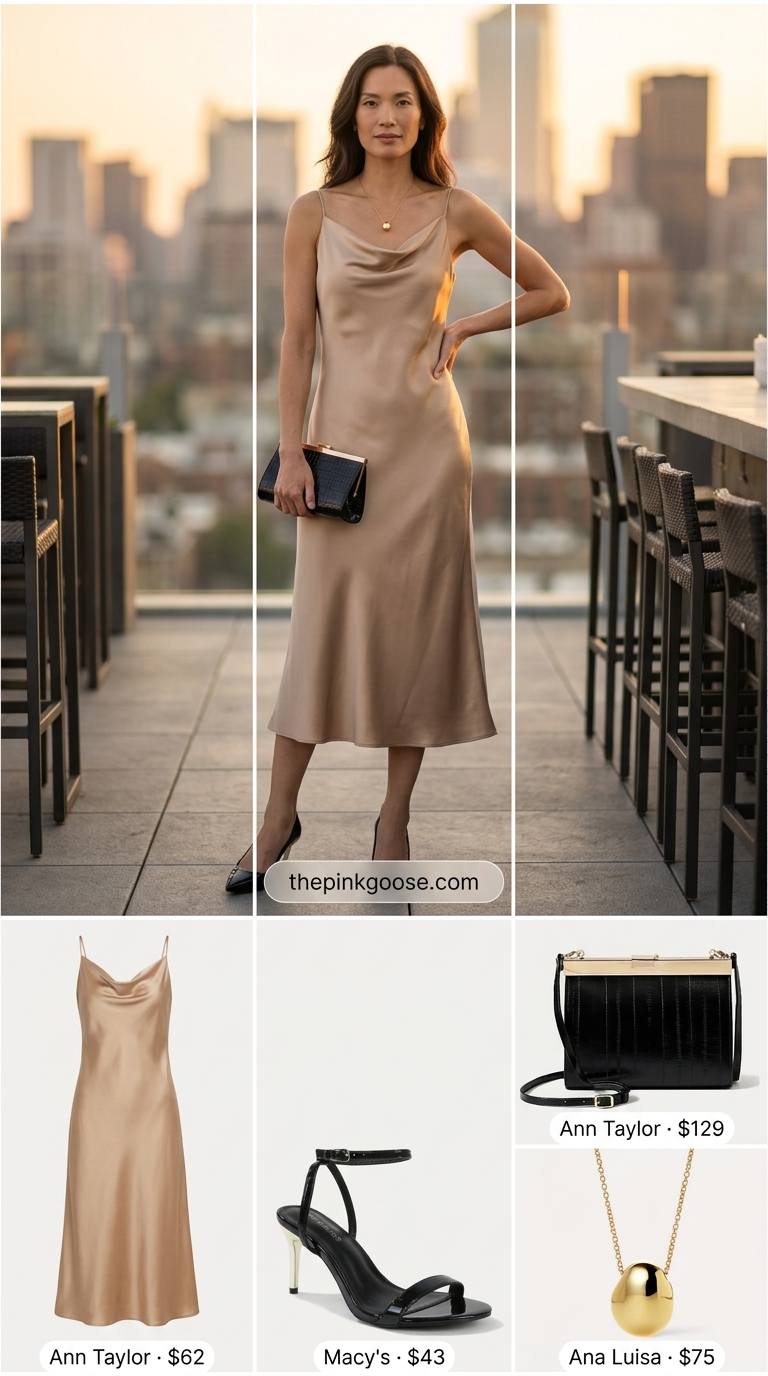 Trendy summer outfits for women over 30 2026: Champagne slip dress, black heels, clutch for wedding guest.