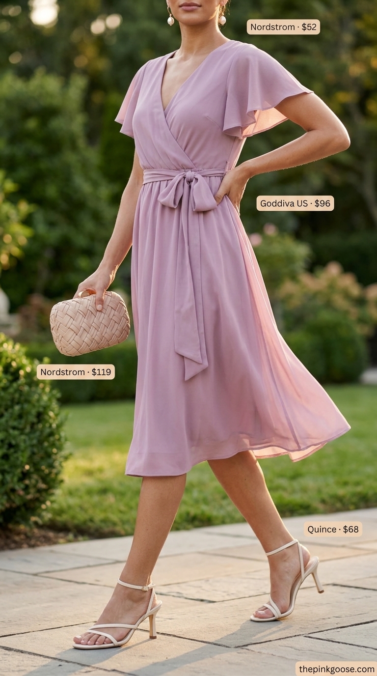 Trendy summer outfits for women over 30 2026: Lavender midi dress, cream sandals, raffia clutch for garden party.