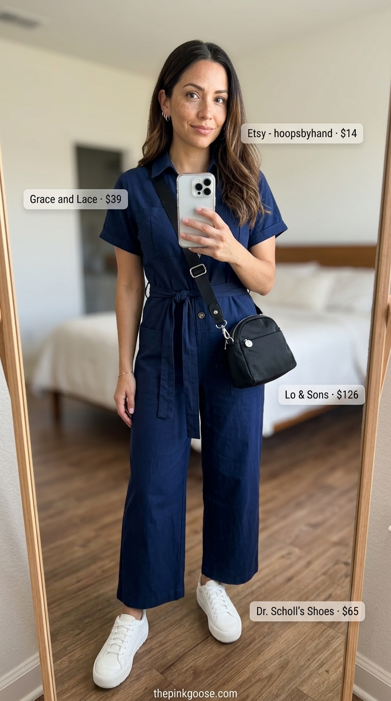 Trendy summer outfits for women over 30 2026: Navy utility jumpsuit, white sneakers, crossbody bag for errands.