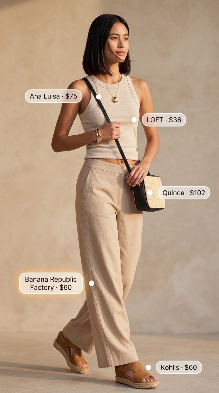 Trendy summer outfits for women over 30 2026: Cream linen pants, tan knit top, espadrilles, raffia bag for resort wear.