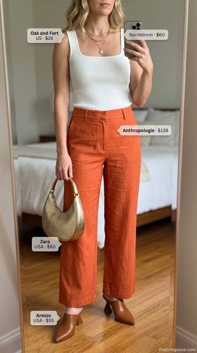 Trendy summer outfits for women over 30 2026: Terracotta linen pants, cream tank, gold mules, mini bag for brunch.