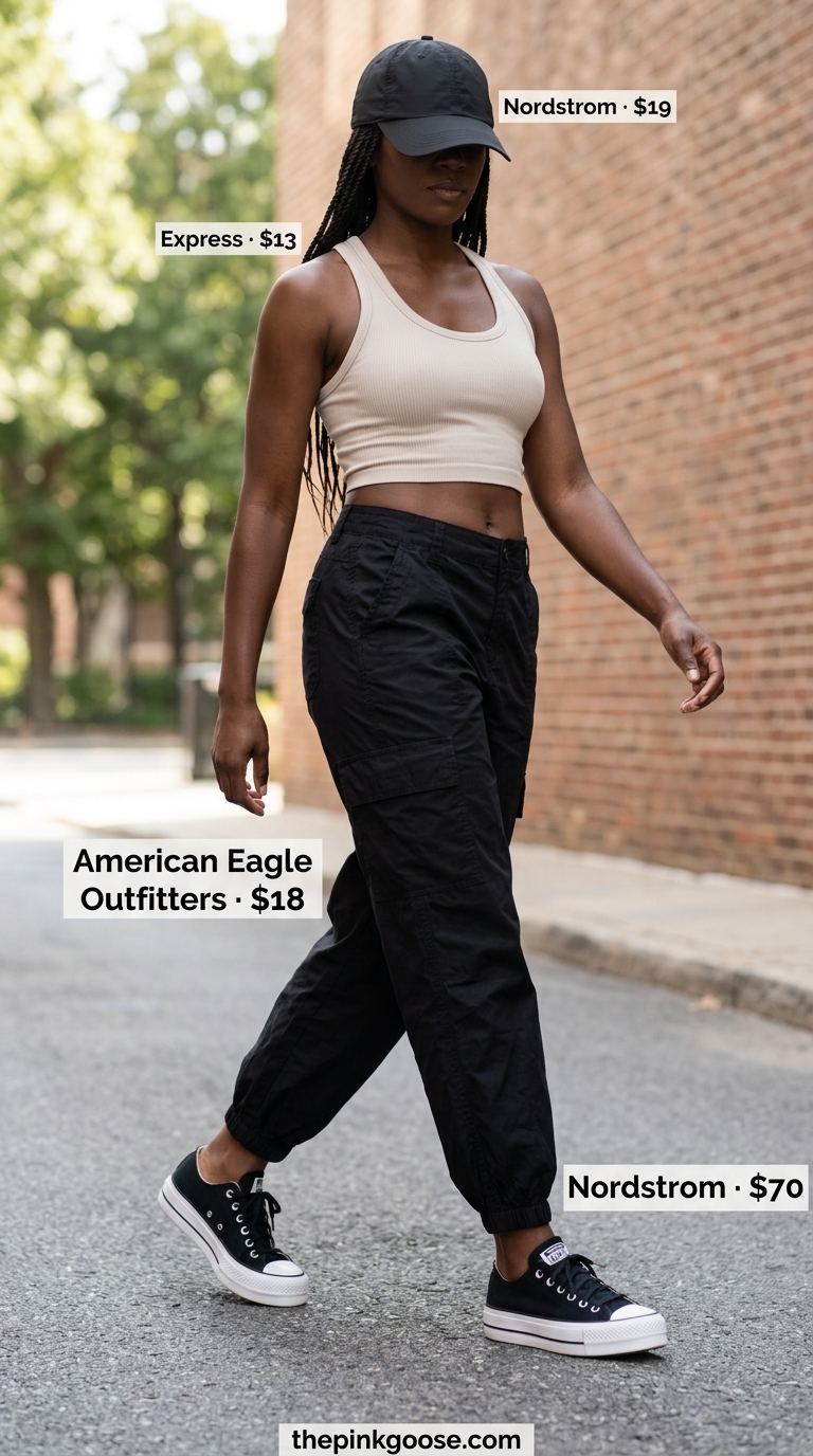Trendy summer outfits for women over 30 2026: Black cargo pants, white crop tank, chunky sneakers for city outing.