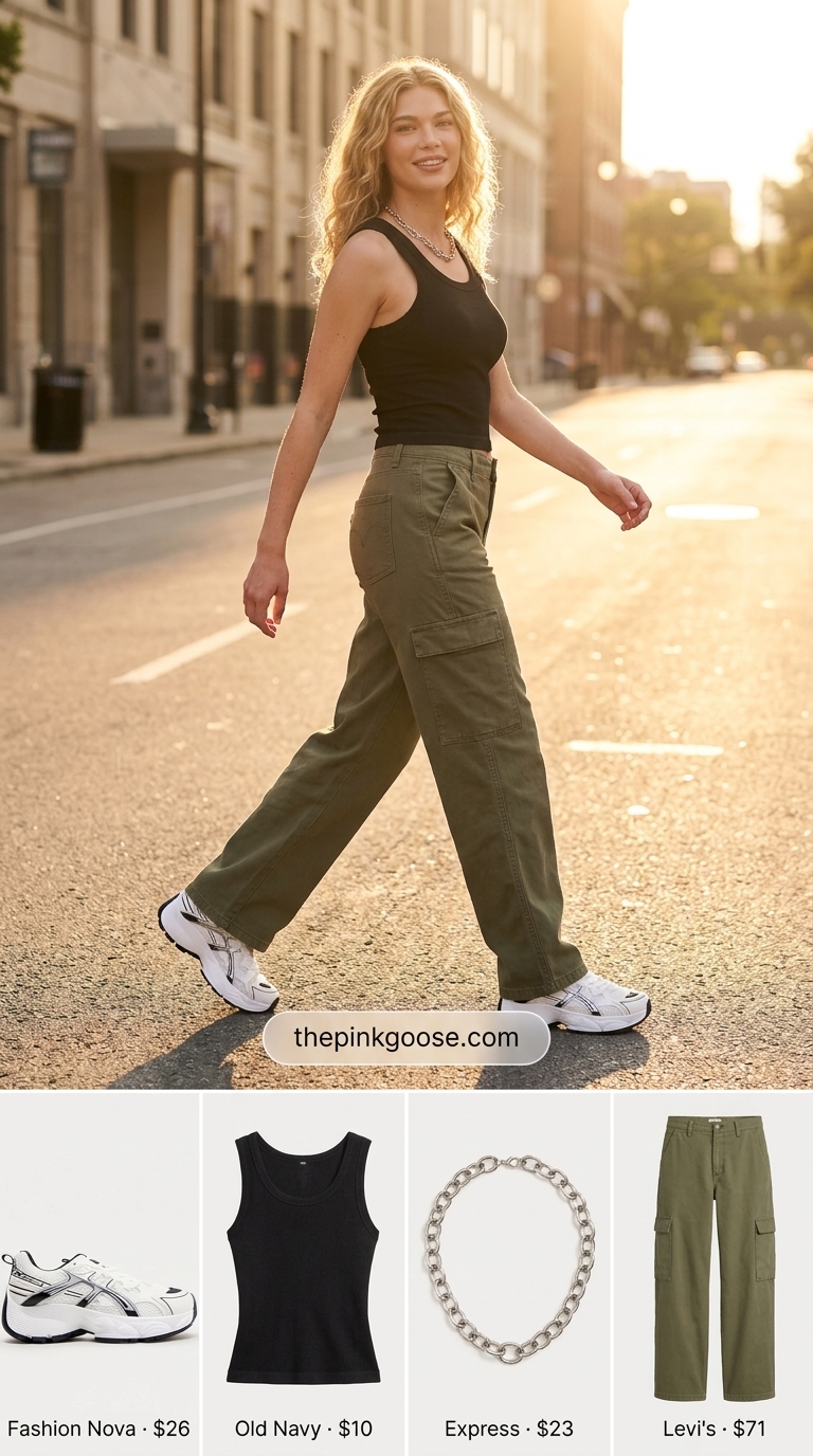 Trendy summer outfits for women over 30 2026: Khaki cargo pants, black tank, platform sneakers for casual day.