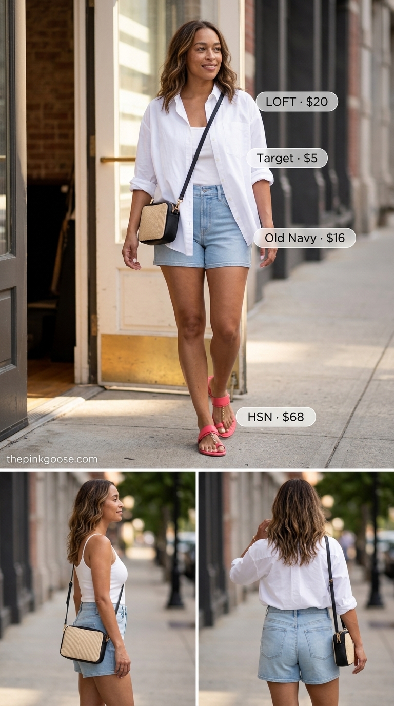 Trendy summer outfits for women over 30 2026: Light blue denim shorts, white camisole & oversized shirt, coral slides.