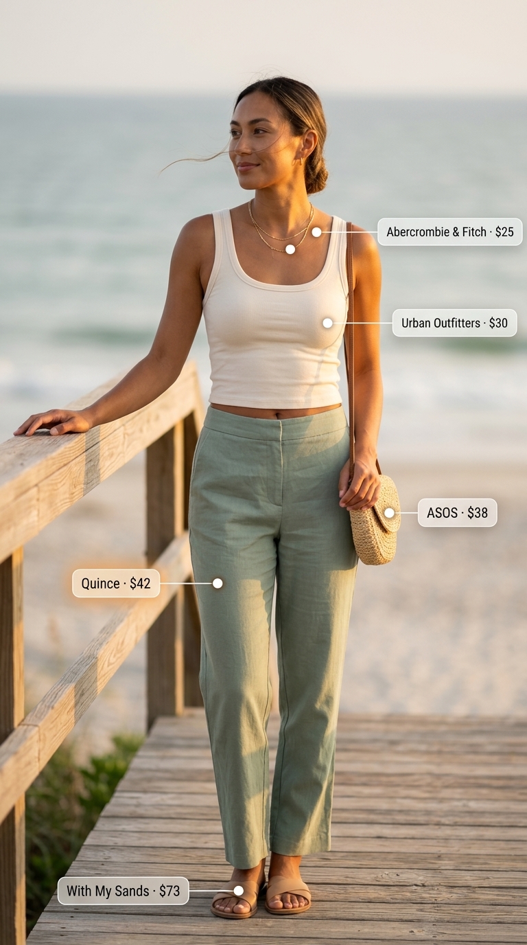 Trendy summer outfits for women 2026: Sage green linen pants, cream tank, straw bag for coastal evenings.