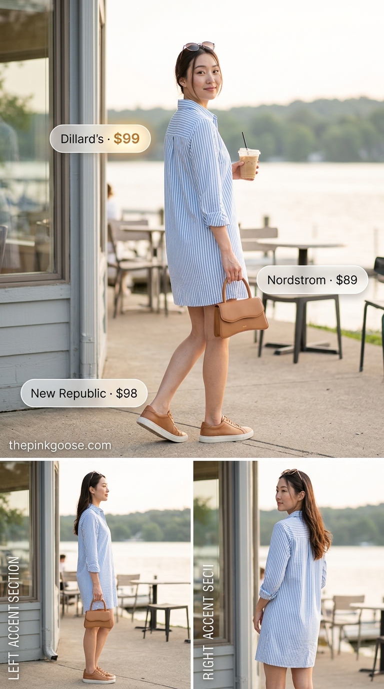 Sky blue striped shirtdress with white sneakers and tan top-handle bag for trendy summer outfits for women 2026.