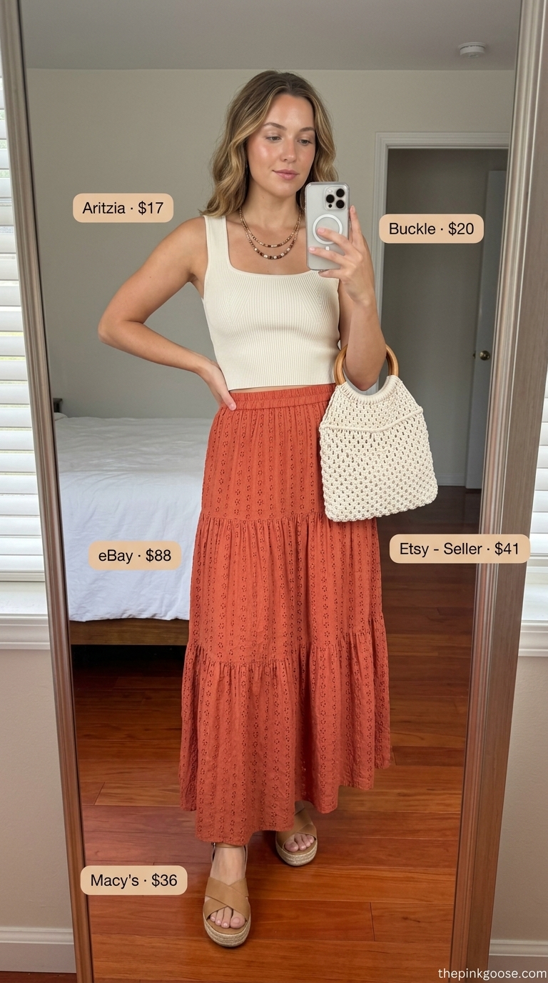 Trendy summer outfits for women 2026: Terracotta maxi skirt, cream crop top, espadrilles for garden party.