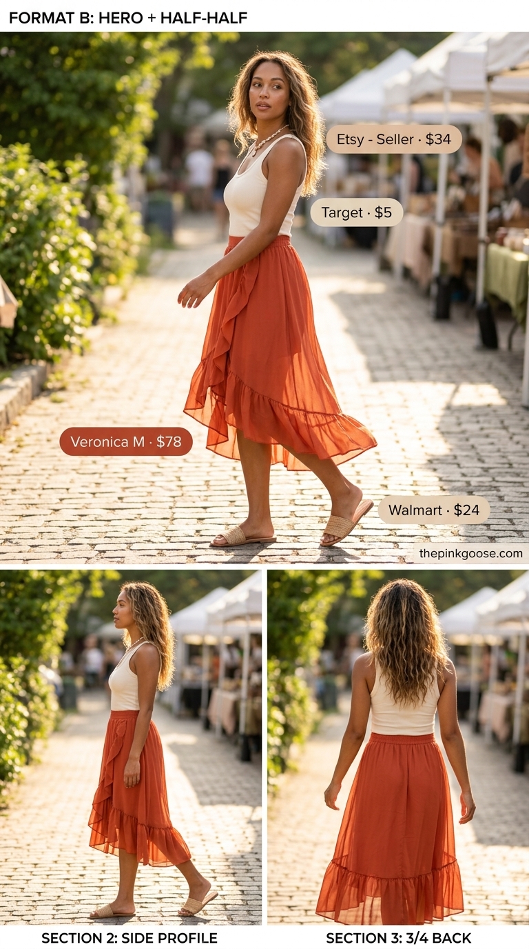 Terracotta tiered midi skirt with cream tank top and raffia sandals for trendy summer outfits for women 2026.