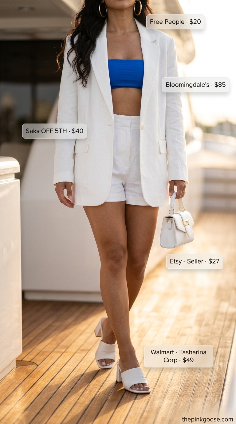 Crisp white linen blazer with cobalt blue bandeau and tailored shorts for trendy summer outfits for women 2026.