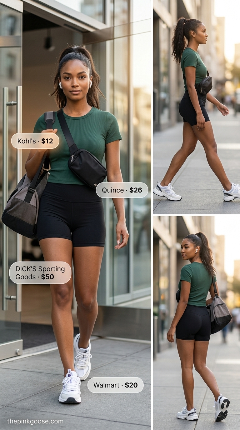 Active City: Tucked In Summer T-Shirt Outfit 2026 Sporty tucked in summer t-shirt outfit for women 2026: forest green fitted tee, black athletic shorts, belt bag, sneakers.