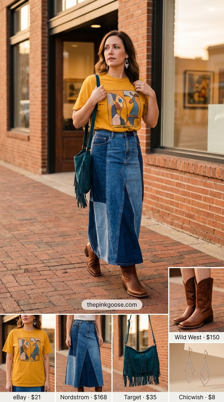 Artistic Flair Tucked In Summer T-Shirt Outfit 2026 Tucked in summer t-shirt outfit for women 2026: Mustard yellow graphic tee tucked into patchwork denim skirt for an artistic look.