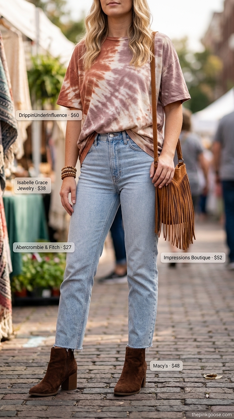 Boho Market Tucked In Tee Outfit 2026 Tucked in summer t-shirt outfit for women 2026: Oversized tie-dye tee (front-tucked) with light wash jeans and suede boots.