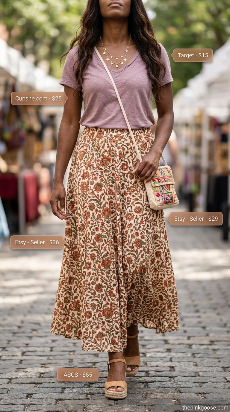Bohemian Sunset Tucked In Summer T-Shirt Outfit 2026 Tucked in summer t-shirt outfit for women 2026: Cream slub knit tee tucked into terracotta tiered maxi skirt for a bohemian look.