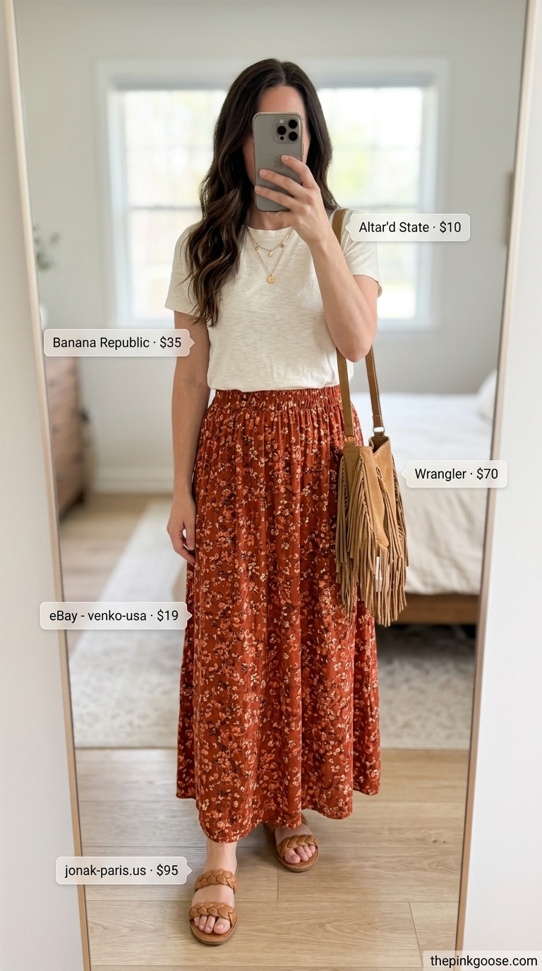 Bohemian Sunset: Tucked In Summer T-Shirt Outfit 2026 Boho tucked in summer t-shirt outfit for women 2026: cream tee, rust floral maxi skirt, fringe bag, layered necklaces.