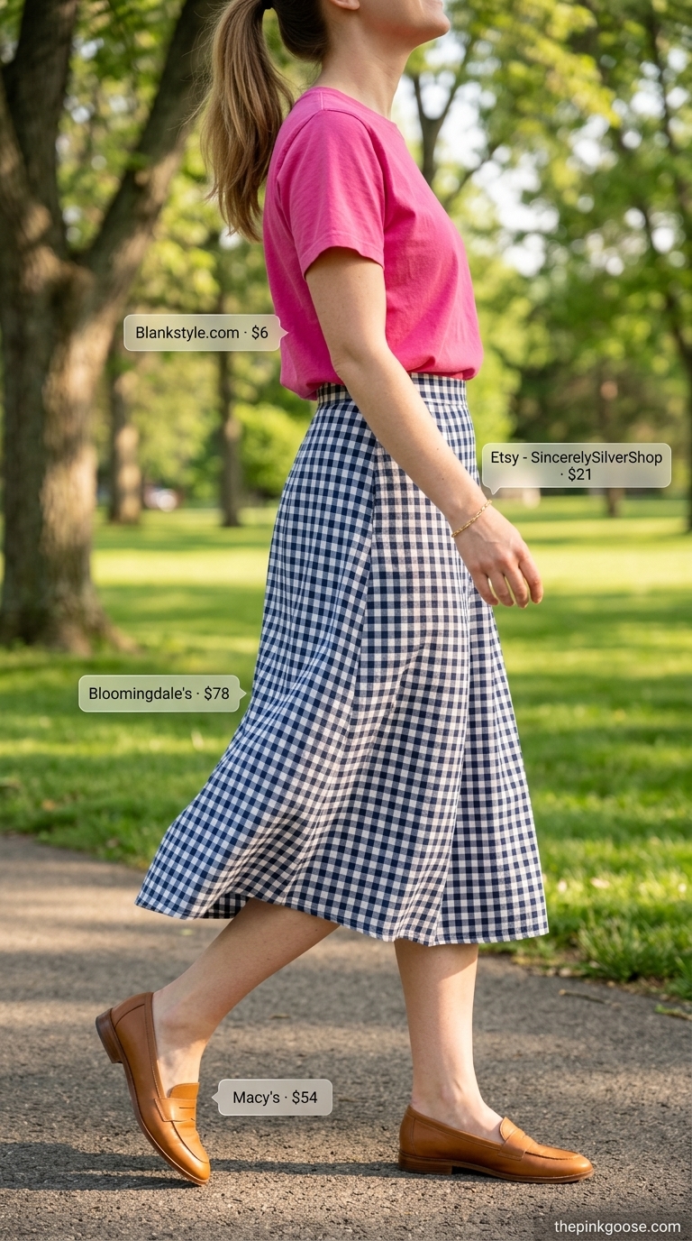 Cheerful Park: Tucked In Summer T-Shirt Outfit 2026 Playful tucked in summer t-shirt outfit for women 2026: hot pink tee, navy gingham skirt, white loafers, top-handle bag.
