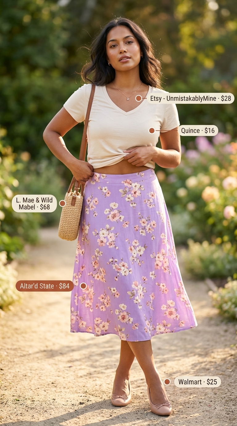 Dreamy Garden: Tucked In Summer T-Shirt Outfit 2026 Romantic tucked in summer t-shirt outfit for women 2026: lavender tee, floral midi skirt, woven clutch, block heels.