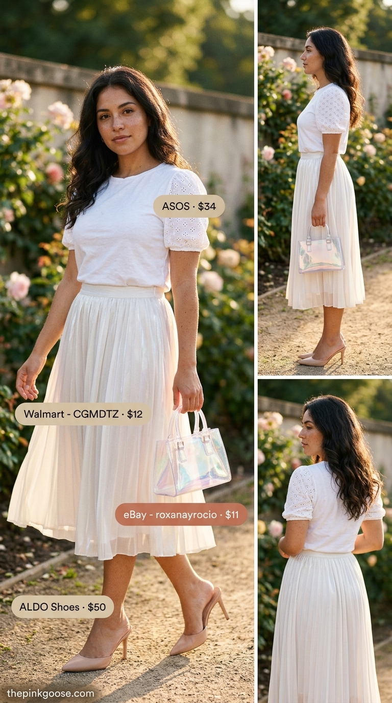 Garden Romance Tucked In Tee Outfit 2026 Tucked in summer t-shirt outfit for women 2026: White eyelet tee tucked into lavender pleated midi skirt, pearl earrings.