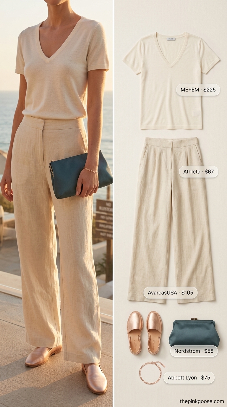 Jet-Setter Tucked In Tee Outfit 2026 Tucked in summer t-shirt outfit for women 2026: Deep teal silk tee tucked into cream wide-leg pants, rose gold accessories.